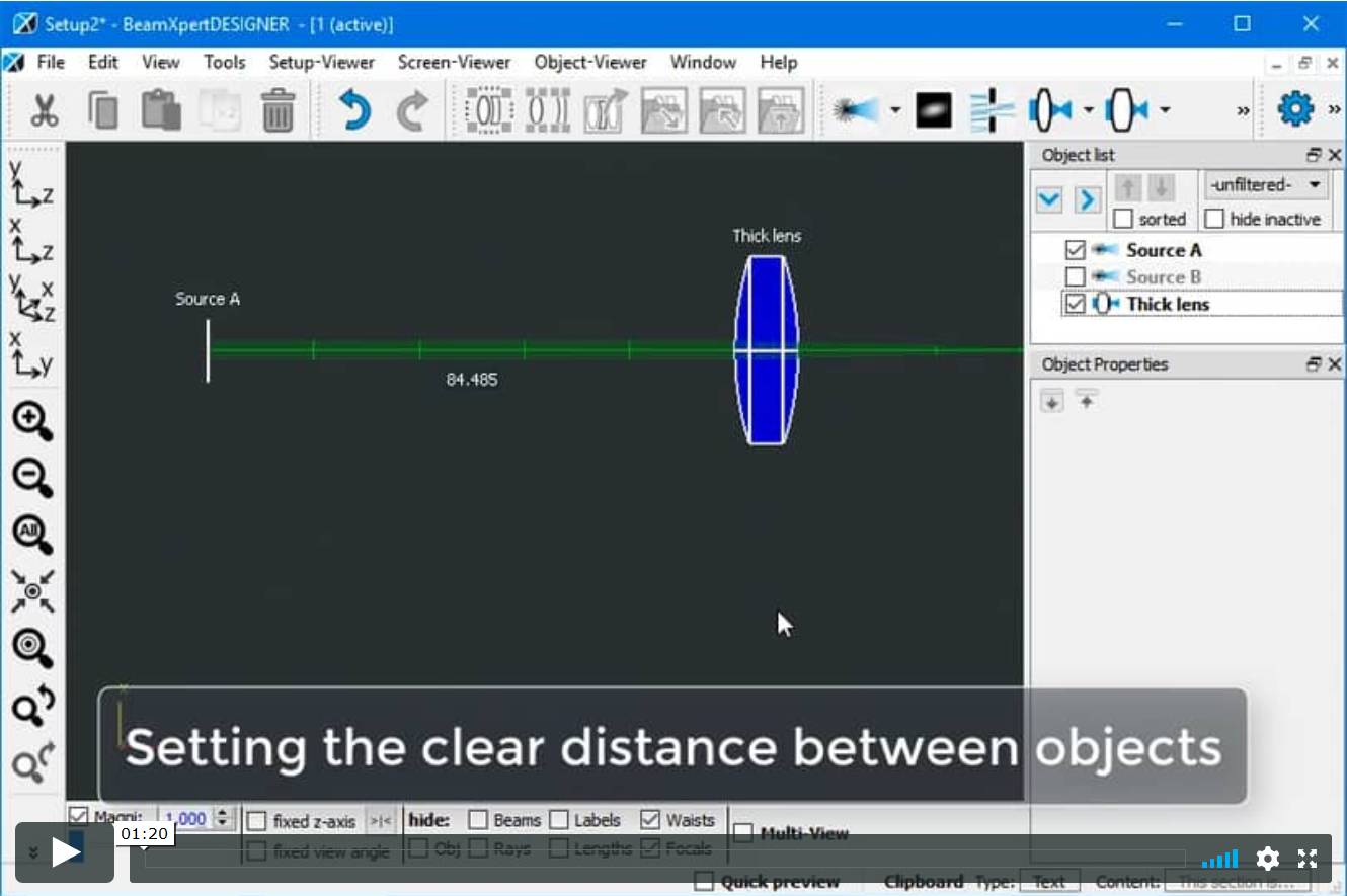 BeamXpertDESIGNER - Einstellen von Entfernungen zwischen Objekten im optischen Aufbau