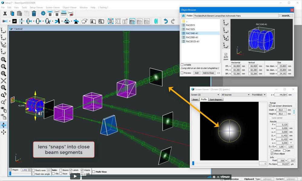 This is how you can directly place optical components in your setup via drag & drop in BeamXpertDESIGNER