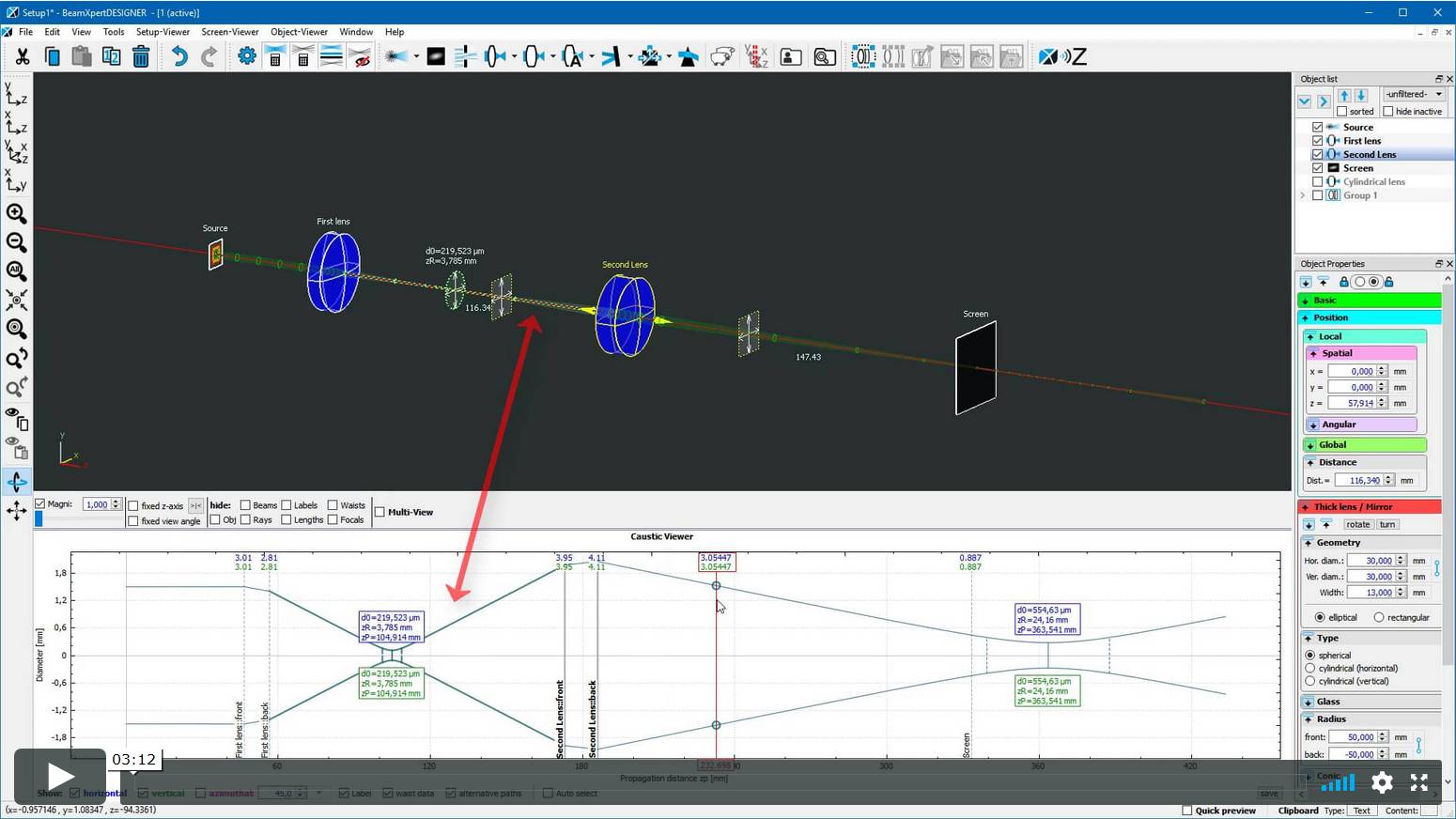 How to use the caustic viewer of BeamXpertDESIGNER for two-dimensional visualization of laser beam propagation