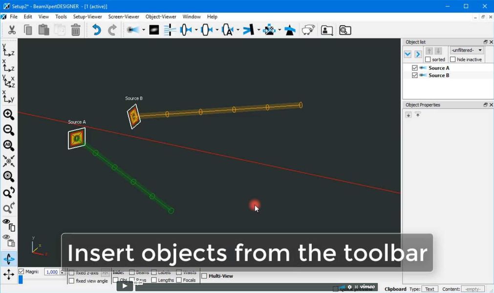 Simply drag and drop lenses, gratings, prisms and mirrors from the toolbar into the Setup Viewer window of BeamXpertDESIGNER