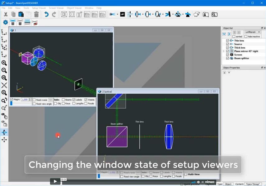 Setup-Viewer-Fenster von BeamXpertDESIGNER maximieren und normalisieren zur besseren Übersicht über den optischen Aufbau