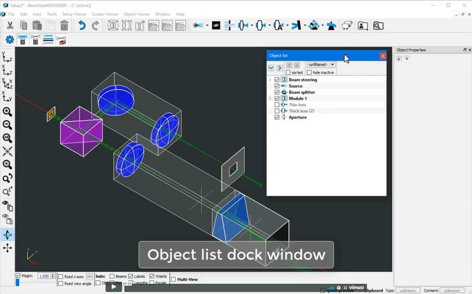 Using the object list of BeamXpertDESIGNER - filtering and selection